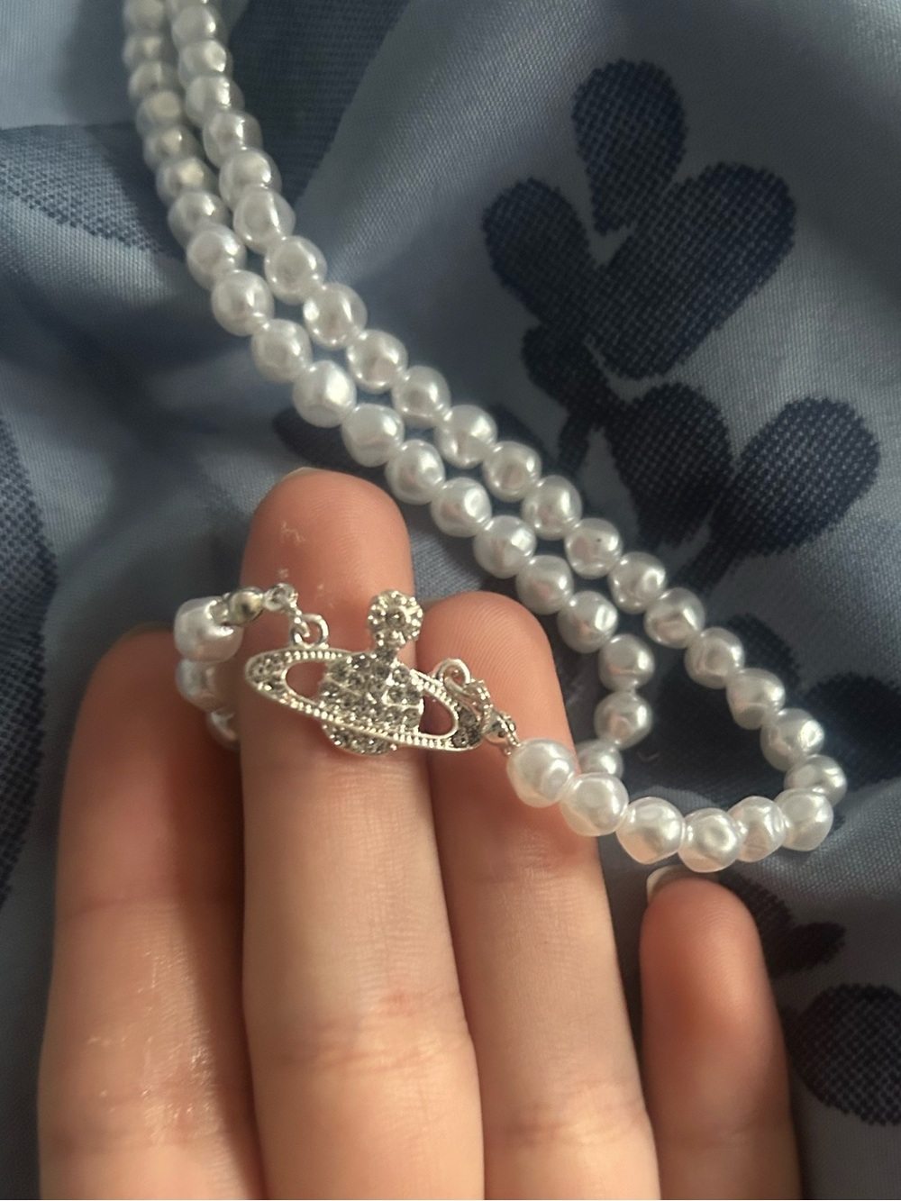 Vivienne Westwood White Faux Pearl Necklace with Silver Orb Pendant